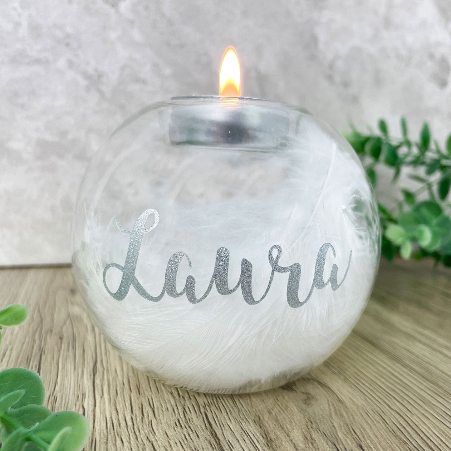 Personalised Feather Filled Glass In Loving Memory Tea Light Holder