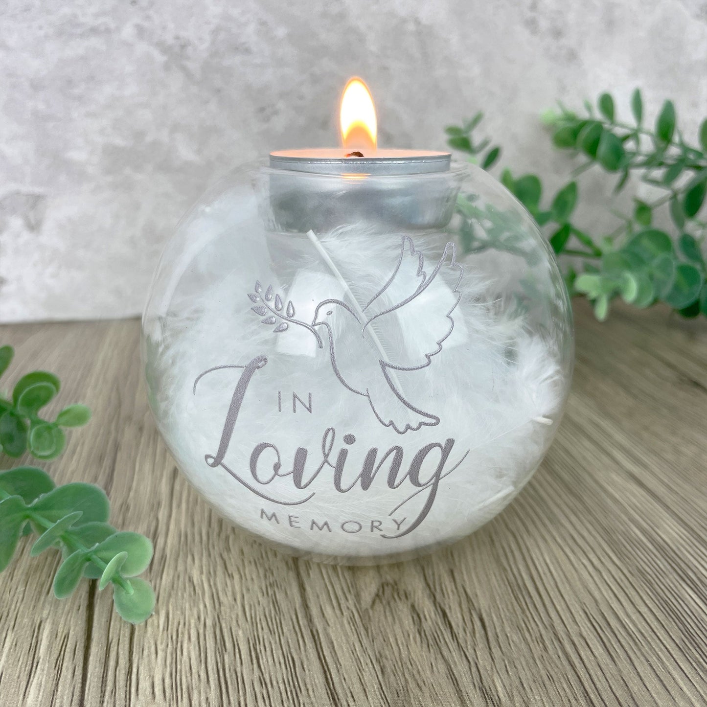 Personalised Feather Filled Glass In Loving Memory Tea Light Holder