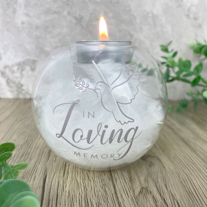 Personalised Feather Filled Glass In Loving Memory Tea Light Holder