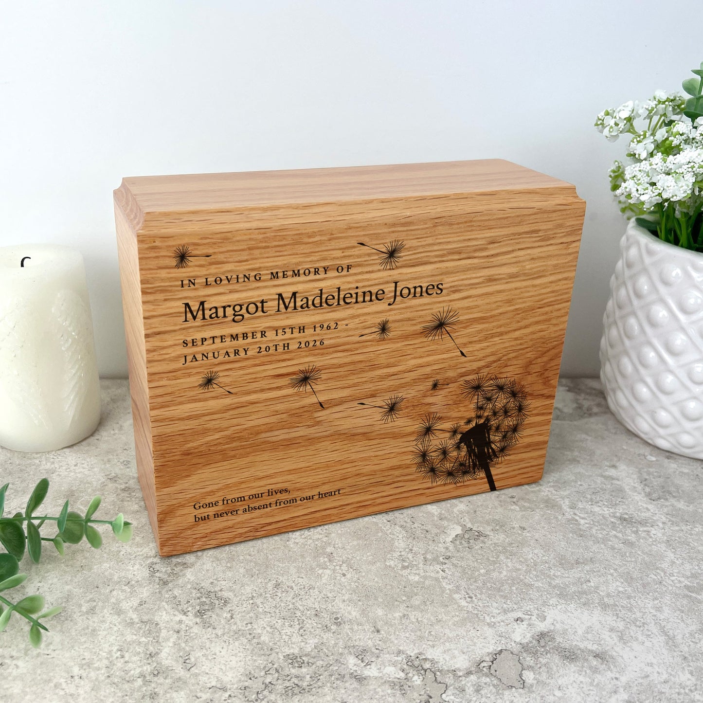 Personalised Slim Oak Urn For Cremation Ashes - Dandelion Design