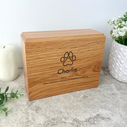 Personalised Slim Pet Oak Urn For Cremation Ashes - Dog/Cat Design