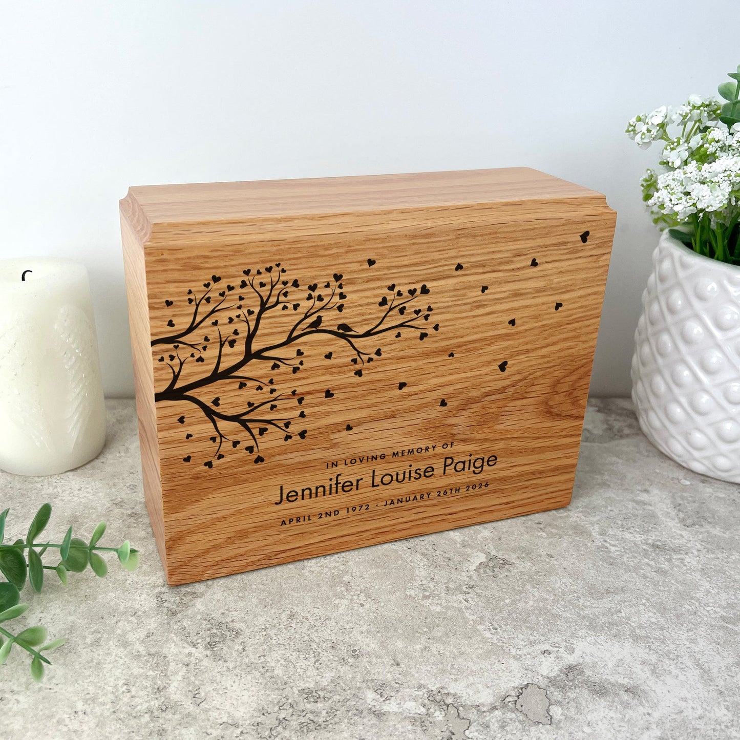 Personalised Slim Oak Urn For Cremation Ashes - Branch of Love Design
