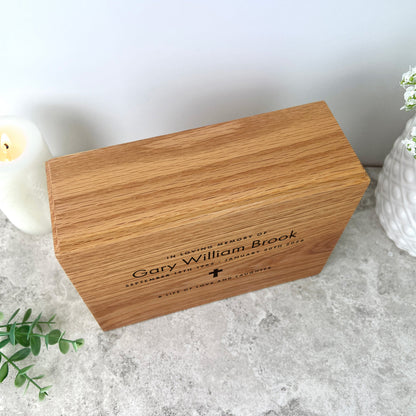 Personalised Slim Oak Urn For Cremation Ashes - Name & Icon Design