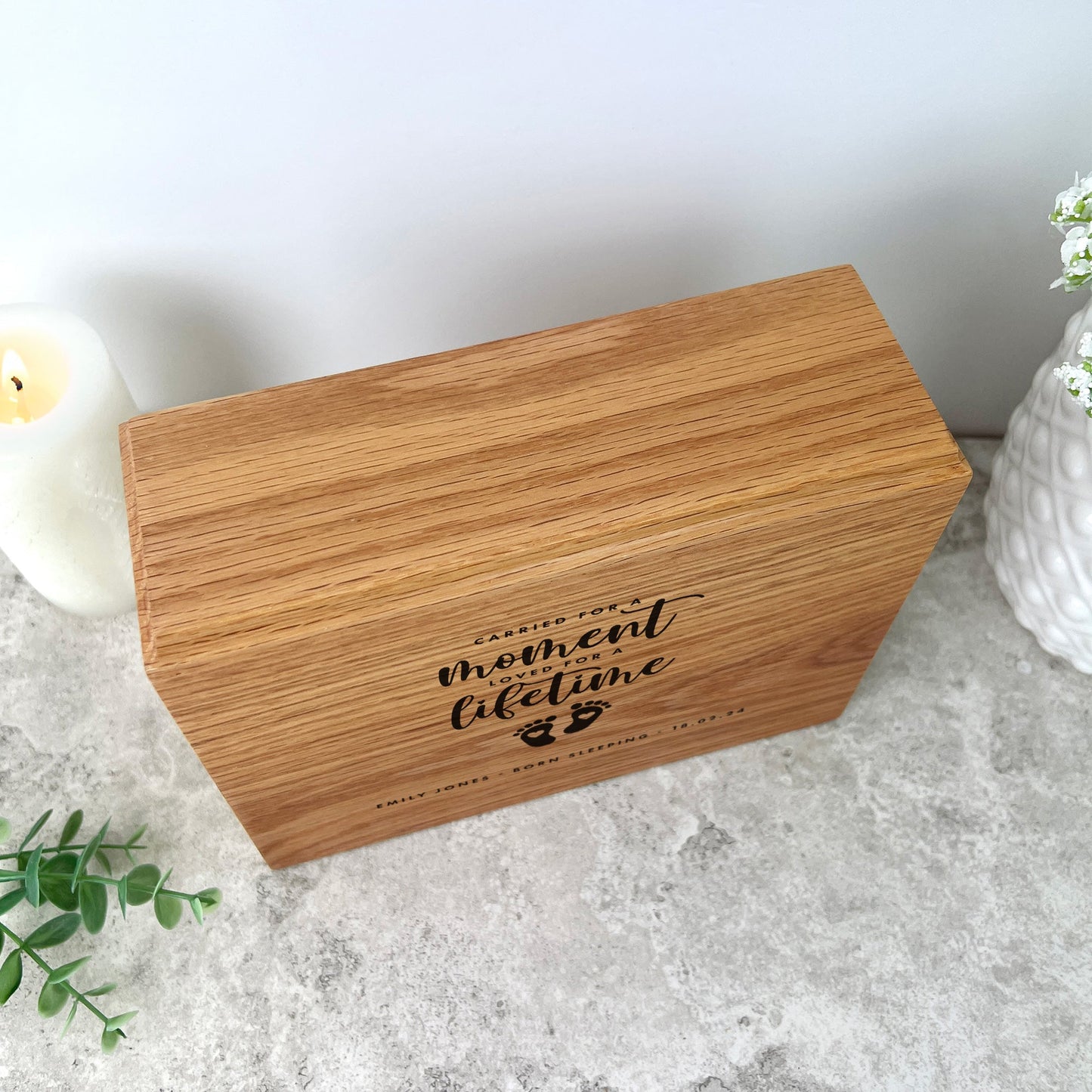 Personalised Slim Oak Urn For Cremation Ashes - Angel Baby Design