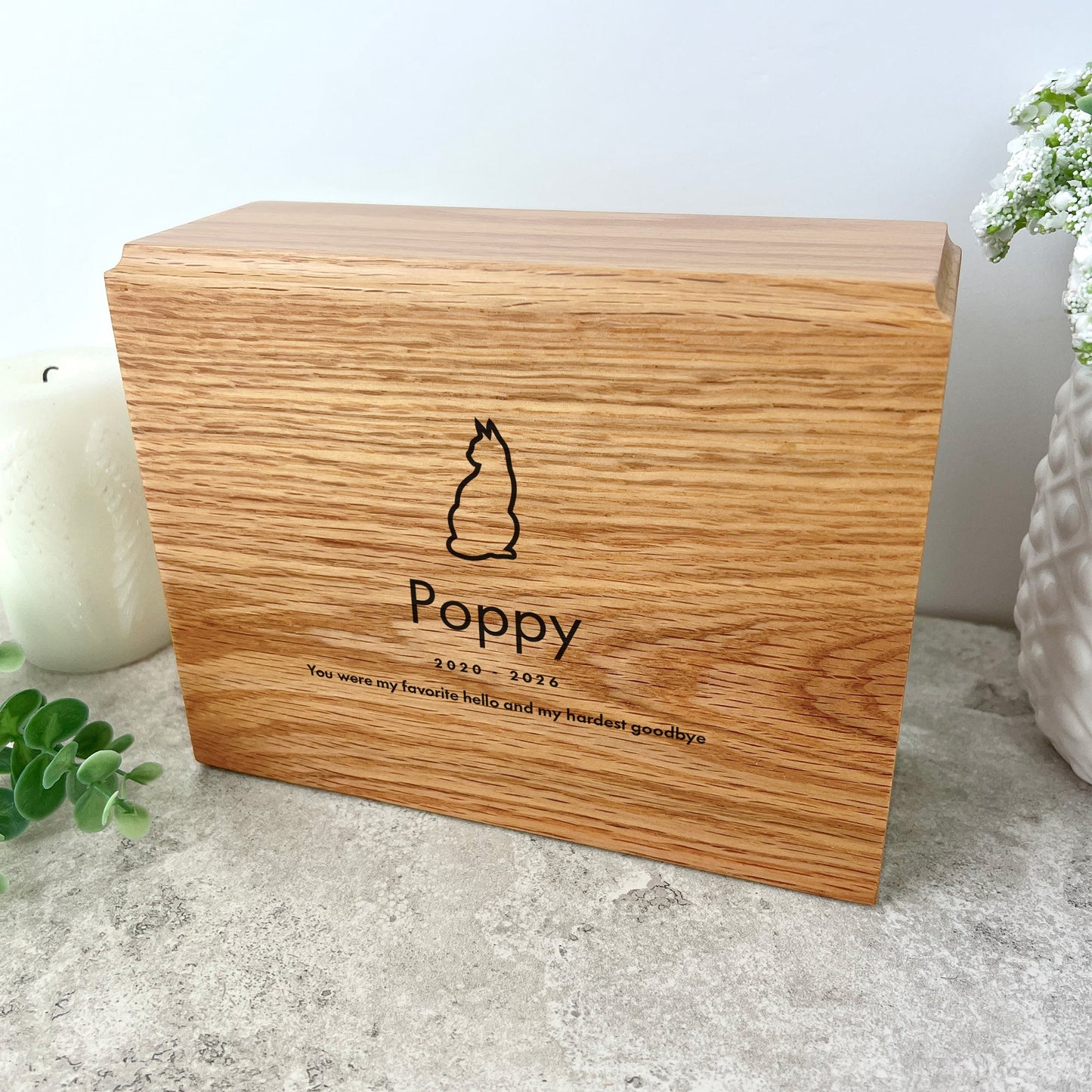 Personalised Slim Pet Oak Urn For Cremation Ashes - Dog/Cat Design