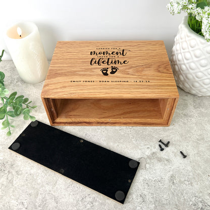 Personalised Slim Oak Urn For Cremation Ashes - Angel Baby Design
