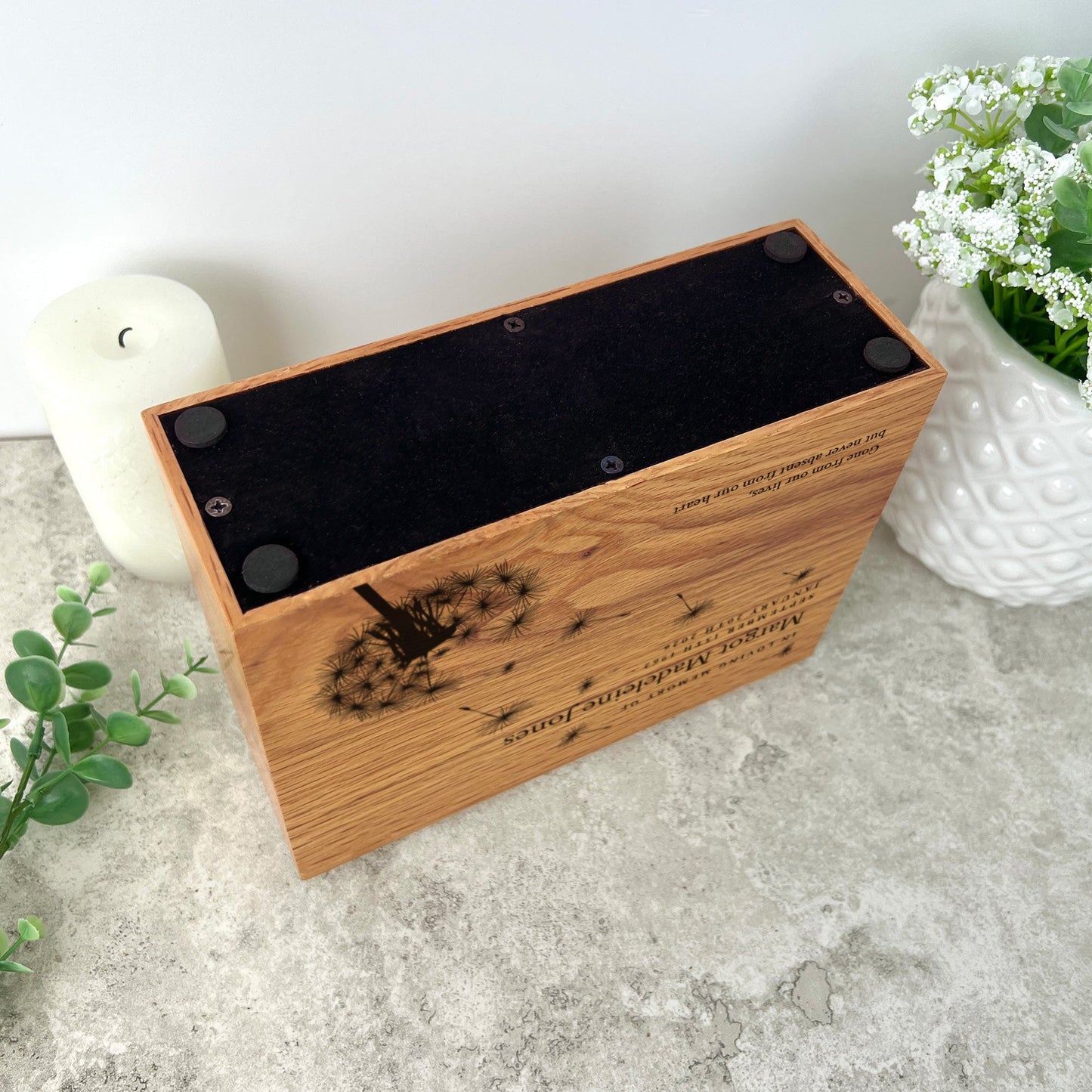 Personalised Slim Oak Urn For Cremation Ashes - Dandelion Design