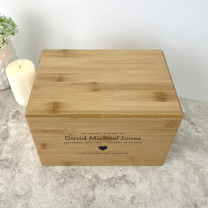 Personalised Bamboo Urn For Cremation Ashes - Name & Icon Design