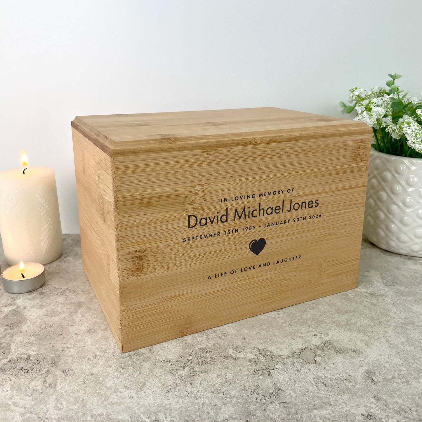 Personalised Bamboo Urn For Cremation Ashes - Name & Icon Design