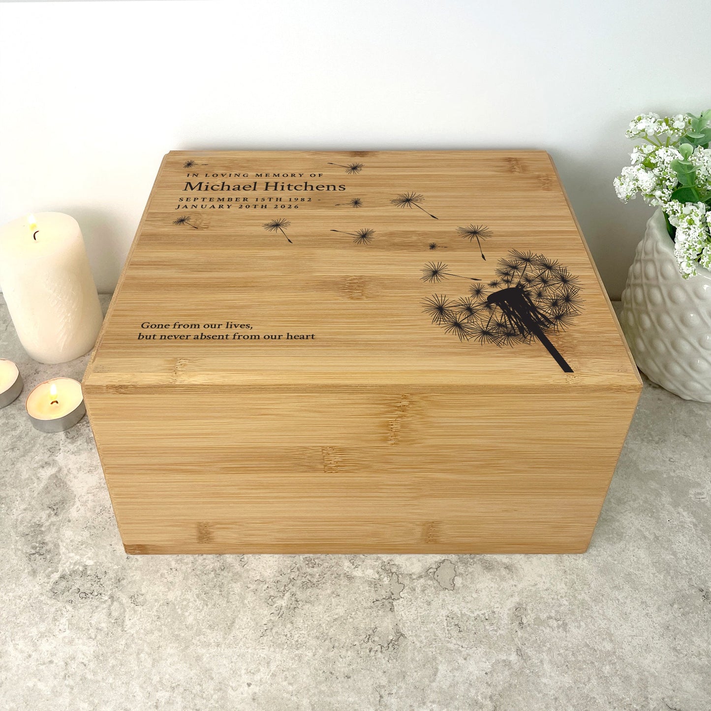 Personalised Bamboo Urn For Cremation Ashes - Dandelion Design