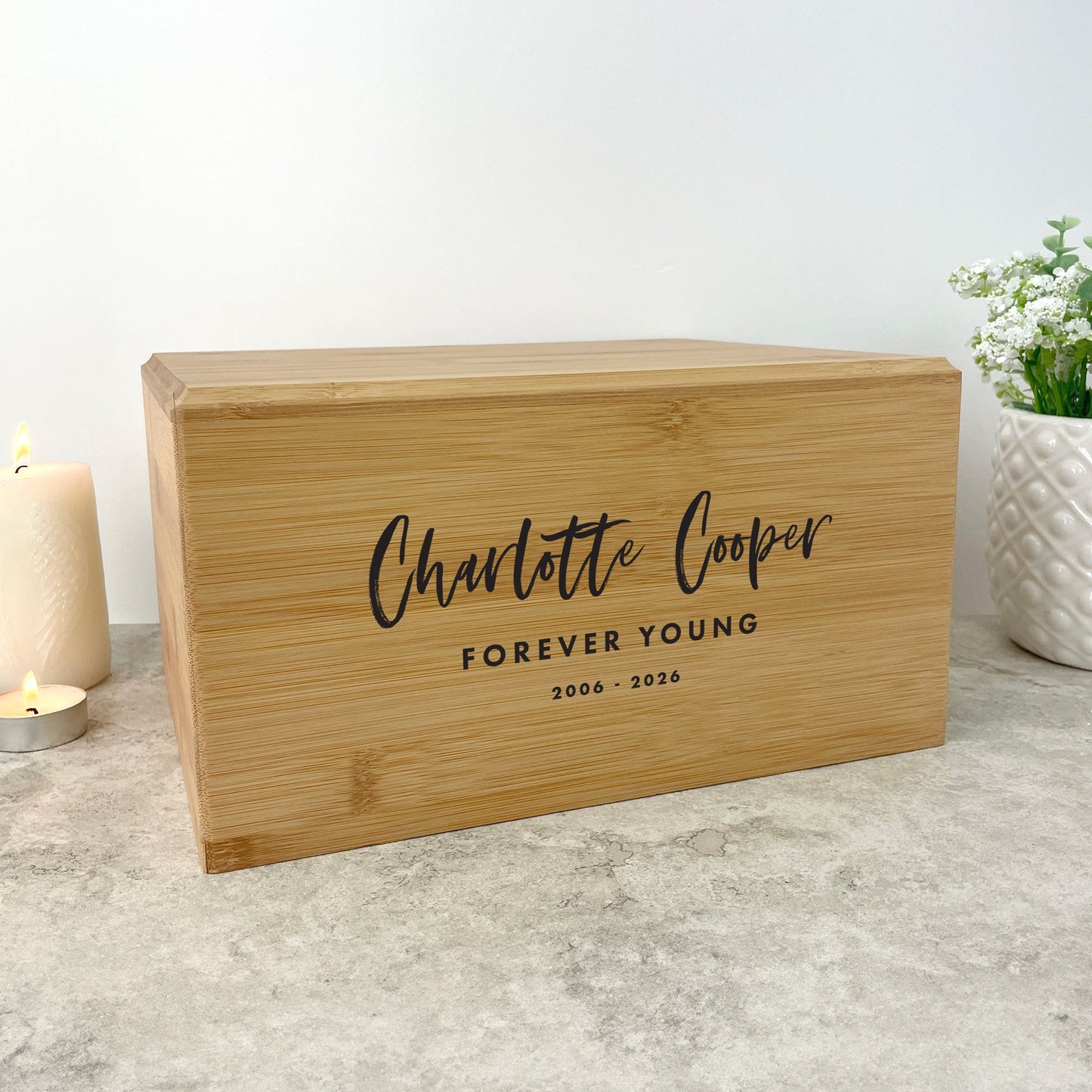 Personalised Bamboo Urn For Cremation Ashes - Modern Script Design