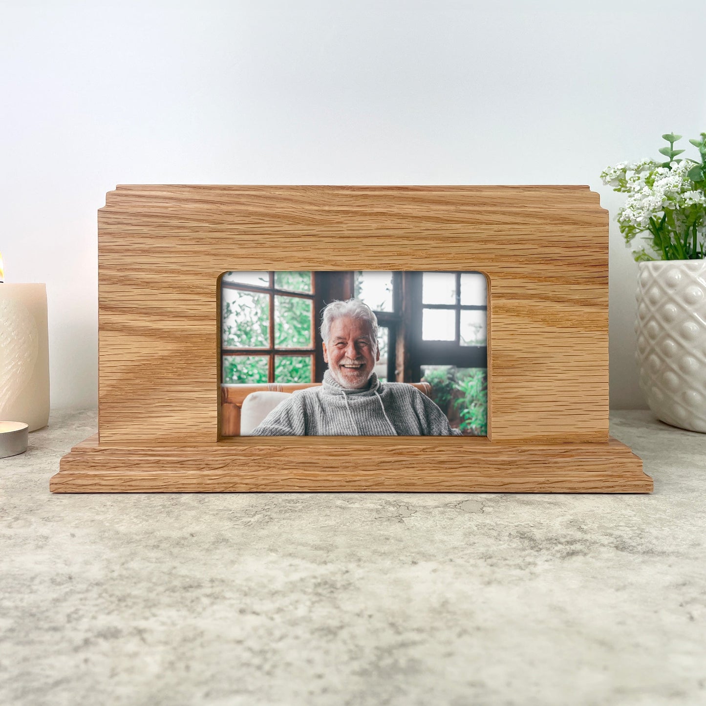 Personalised Oak Photo Urn For Cremation Ashes - Name & Icon Design