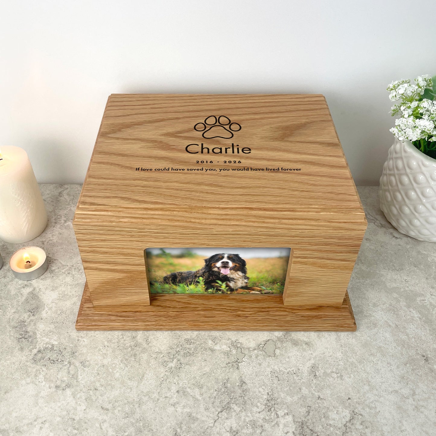 Personalised Oak Pet Urn with Photo - Dog/Cat Design