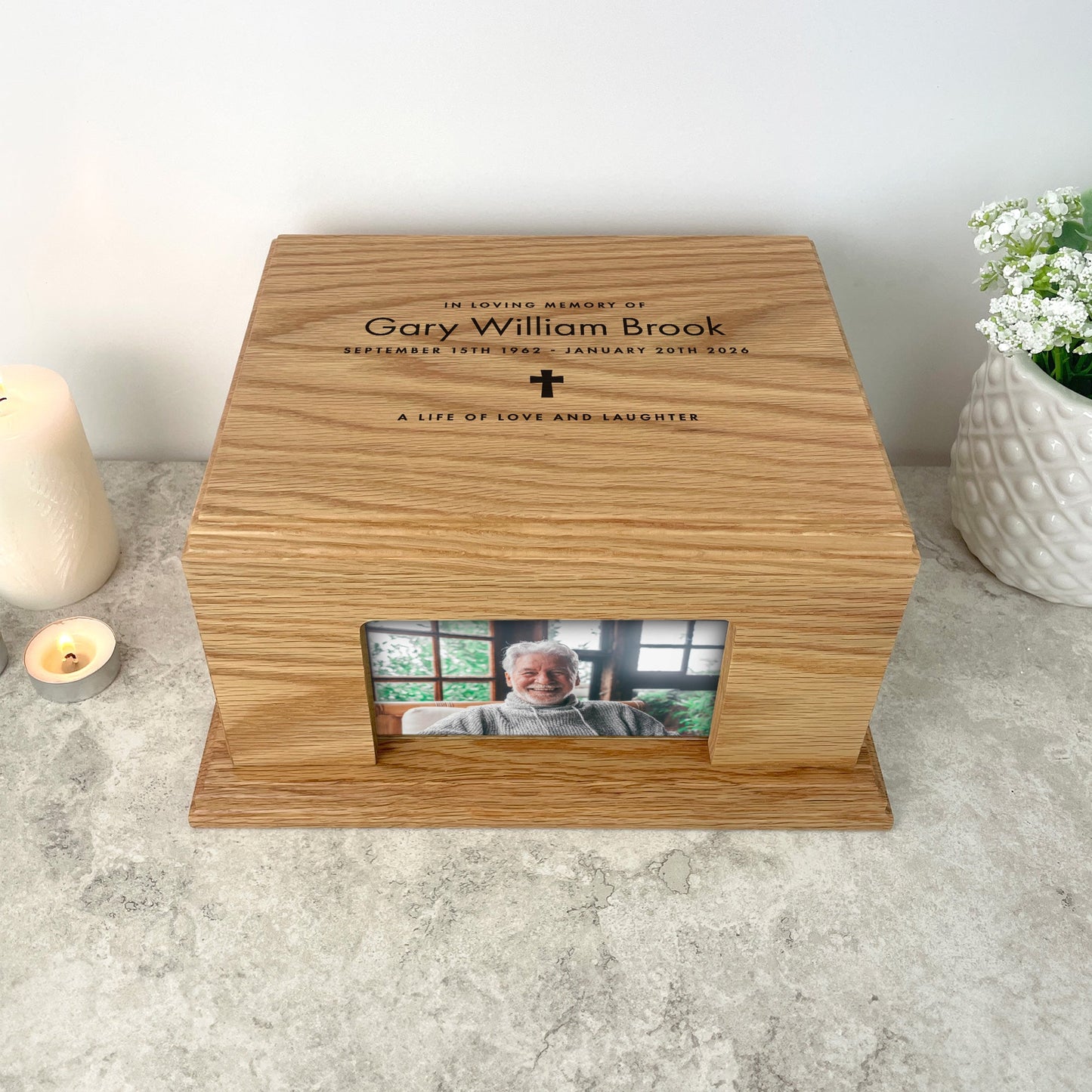 Personalised Oak Photo Urn For Cremation Ashes - Name & Icon Design