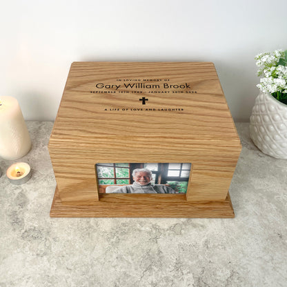 Personalised Oak Photo Urn For Cremation Ashes - Name & Icon Design