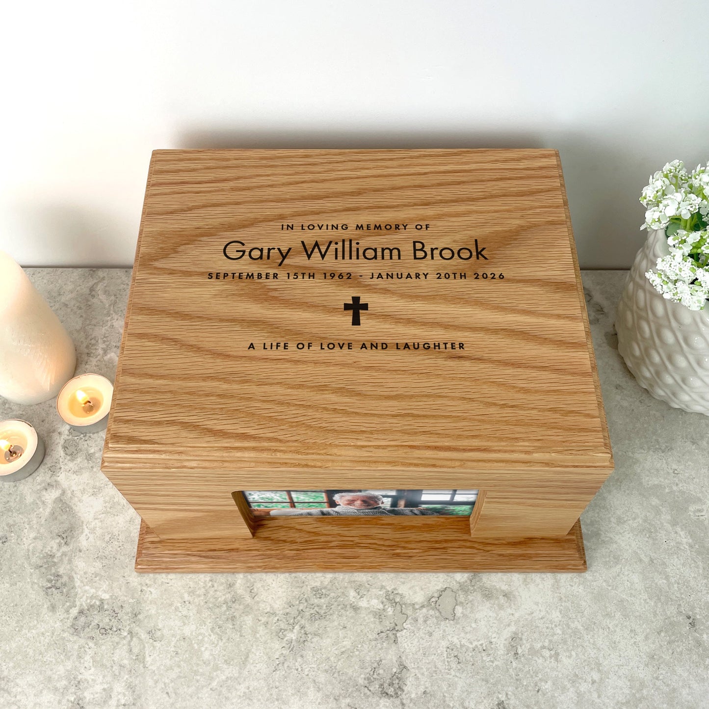 Personalised Oak Photo Urn For Cremation Ashes - Name & Icon Design