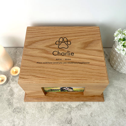 Personalised Oak Pet Urn with Photo - Dog/Cat Design