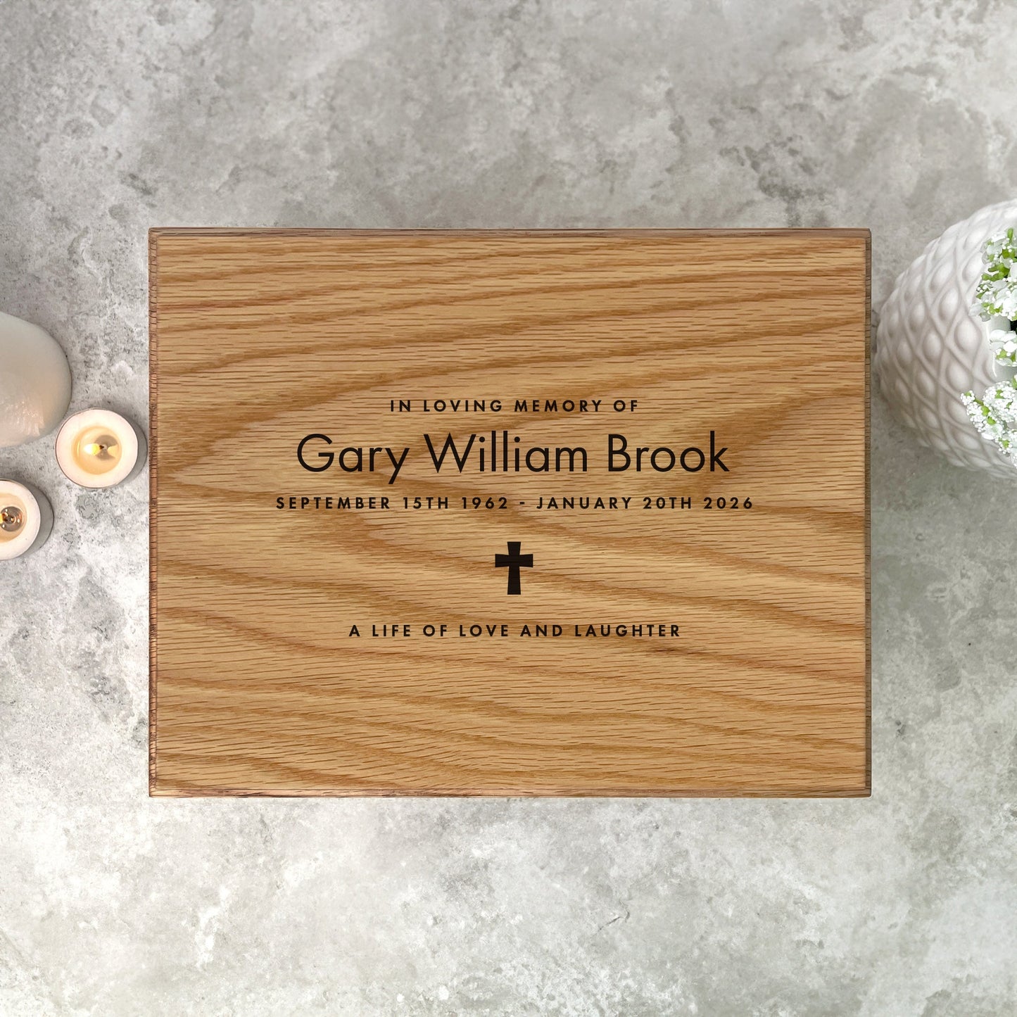 Personalised Oak Photo Urn For Cremation Ashes - Name & Icon Design