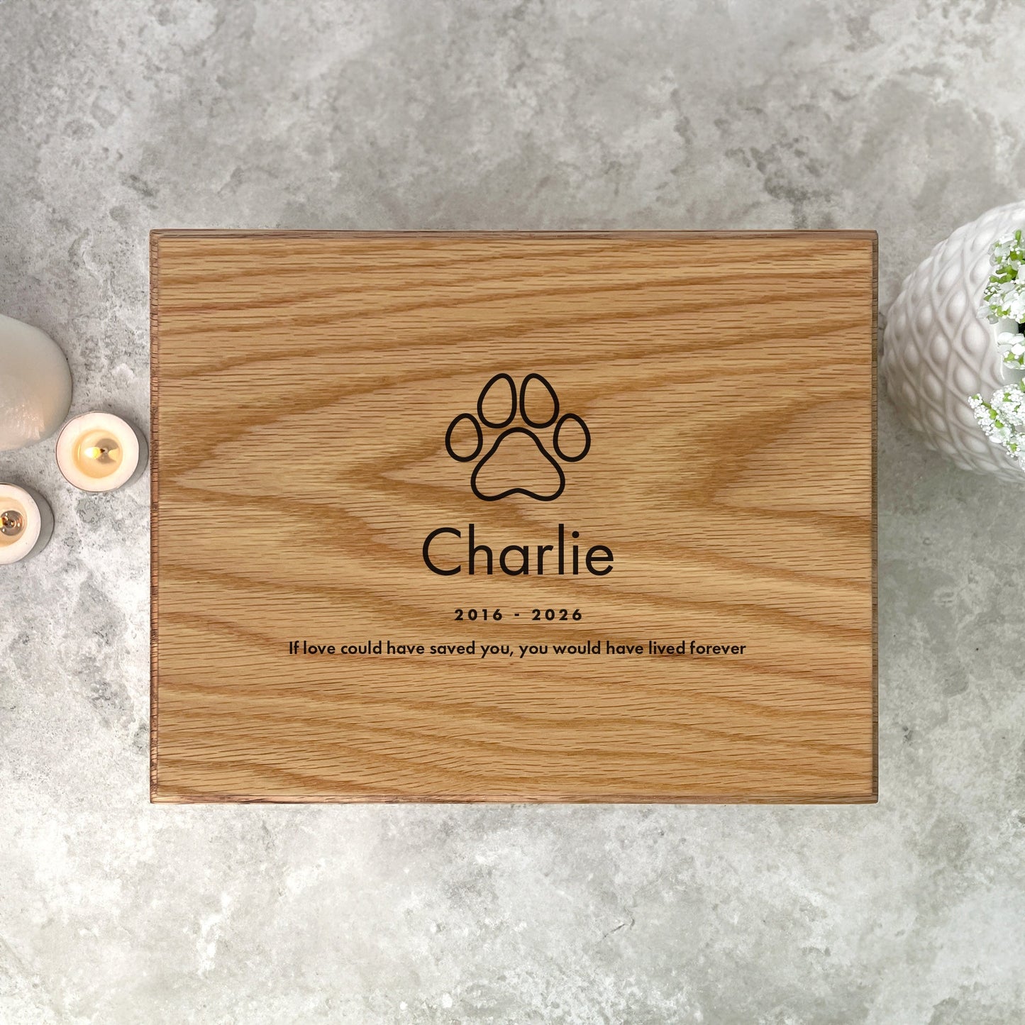 Personalised Oak Pet Urn with Photo - Dog/Cat Design