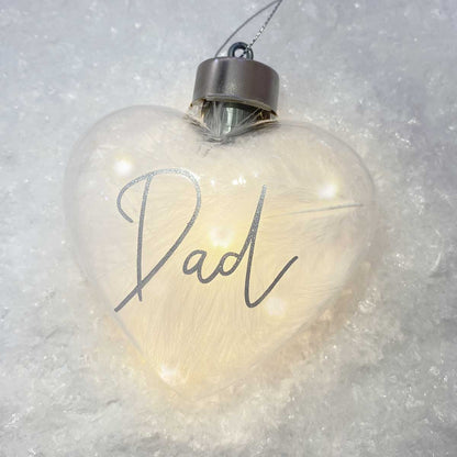 Personalised White Feather Filled LED Hanging Glass Heart