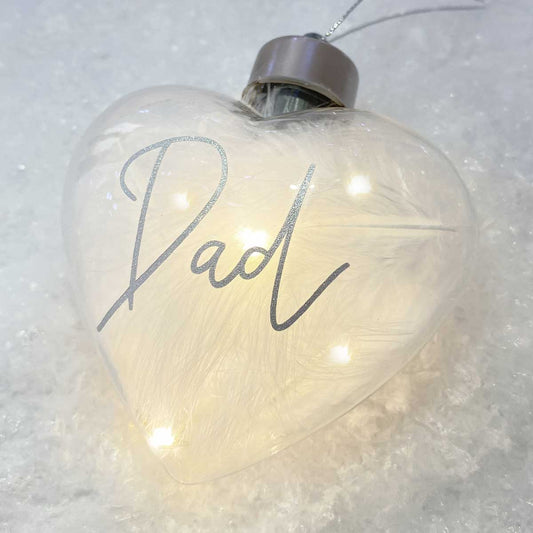 Personalised White Feather Filled LED Hanging Glass Heart