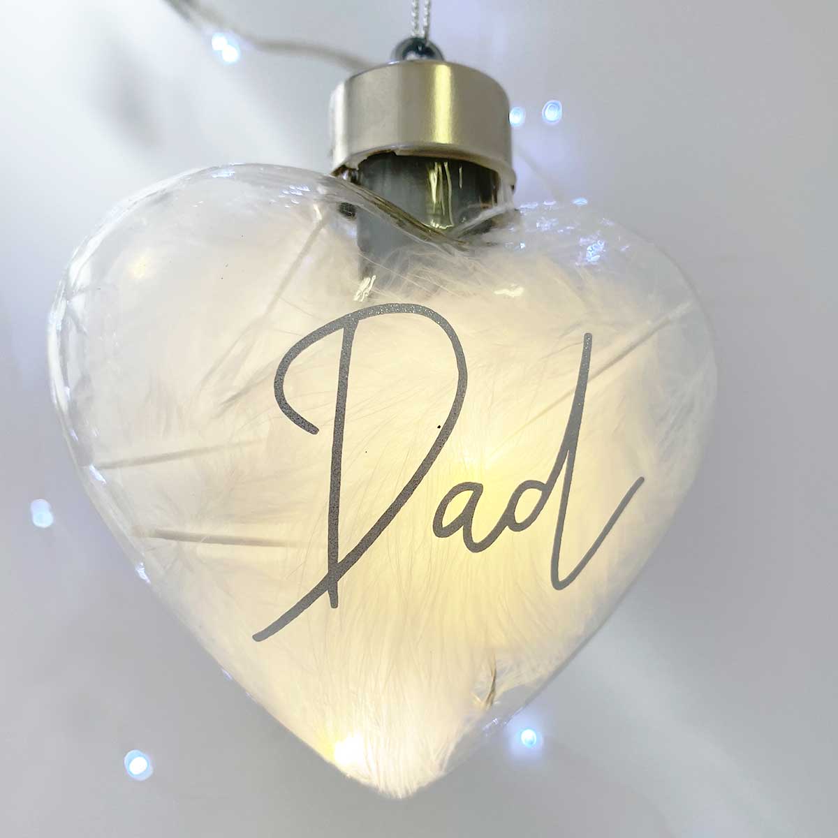 Personalised White Feather Filled LED Hanging Glass Heart