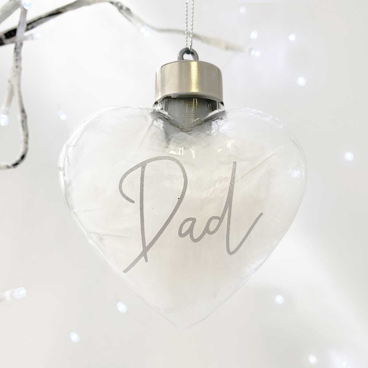 Personalised White Feather Filled LED Hanging Glass Heart