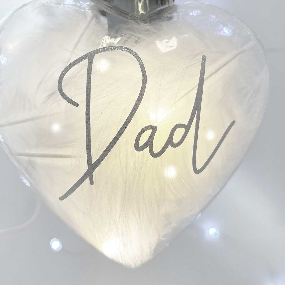 Personalised White Feather Filled LED Hanging Glass Heart