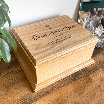 Personalised Cross Deluxe Solid Oak Adult Cremation Urn For Ashes