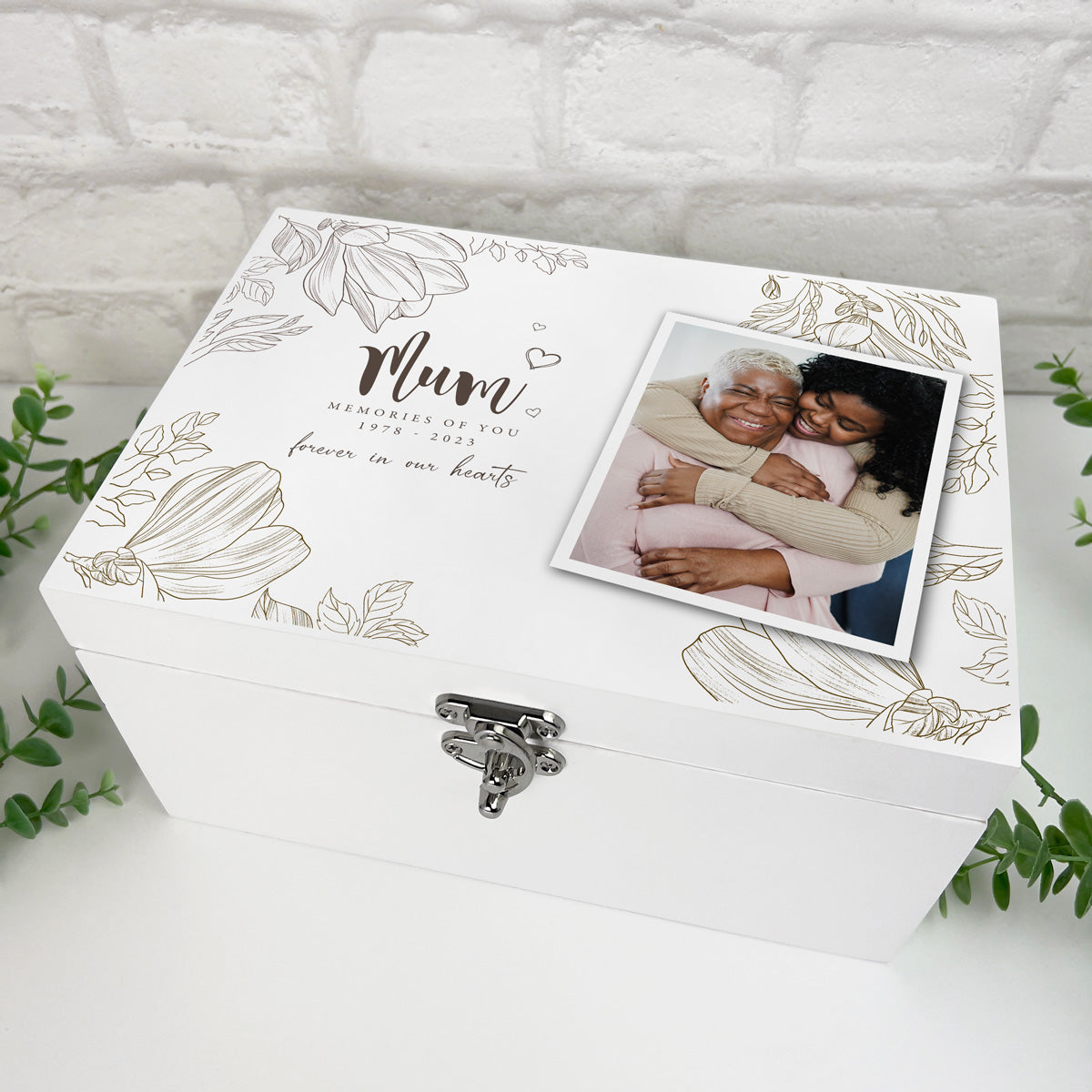 Personalised Floral White Wooden Memorial Photo Keepsake Memory Box - 3 Sizes