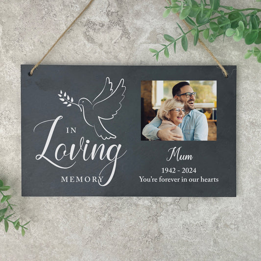 Personalised In Loving Memory Dove Photo Slate Hanging Plaque 25 x 15cm