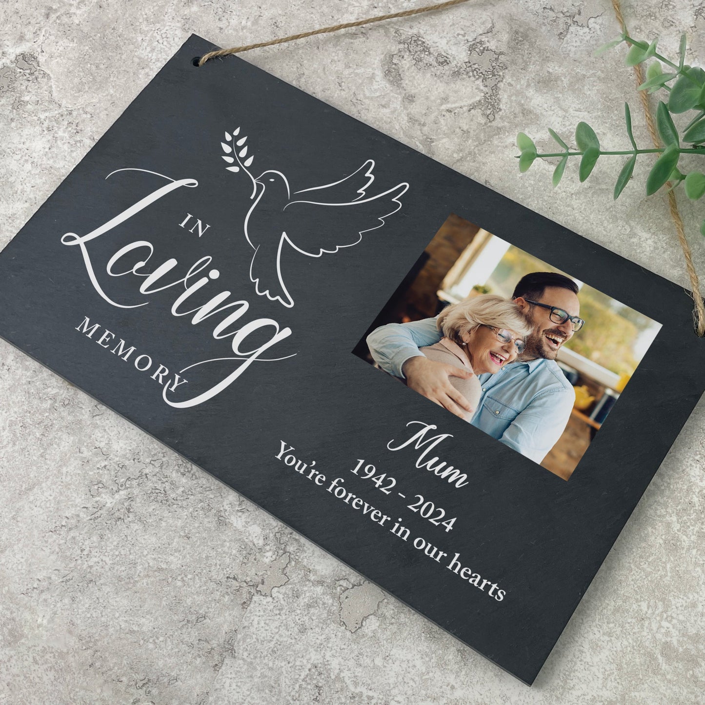 Personalised In Loving Memory Dove Photo Slate Hanging Plaque 25 x 15cm