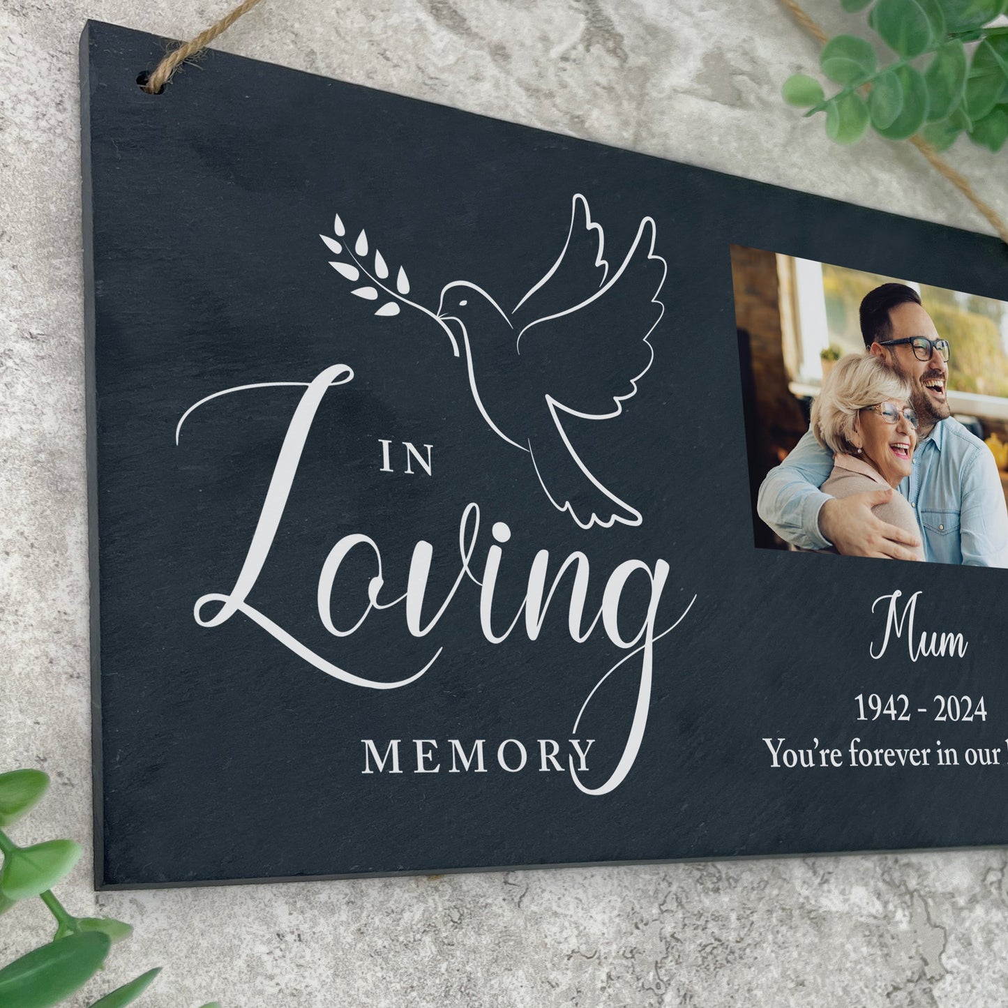 Personalised In Loving Memory Dove Photo Slate Hanging Plaque 25 x 15cm