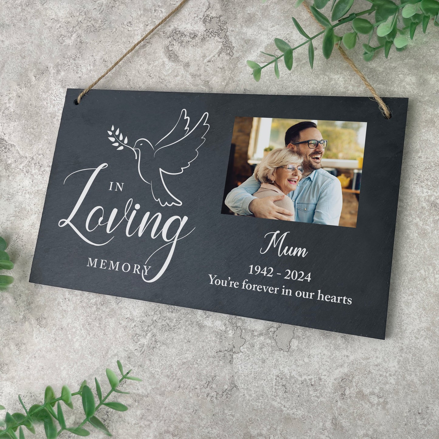 Personalised In Loving Memory Dove Photo Slate Hanging Plaque 25 x 15cm