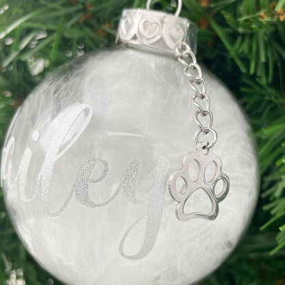 Personalised White Feather Filled Glass Pet Memorial Bauble With Paw Charm