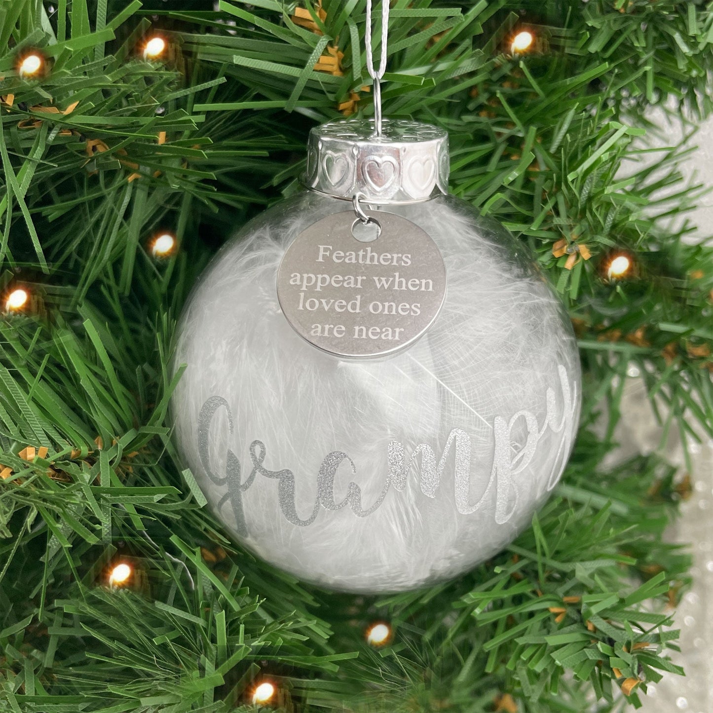 Personalised White Feather Filled Glass Memorial Bauble With Engraved Charm