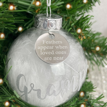 Personalised White Feather Filled Glass Memorial Bauble With Engraved Charm