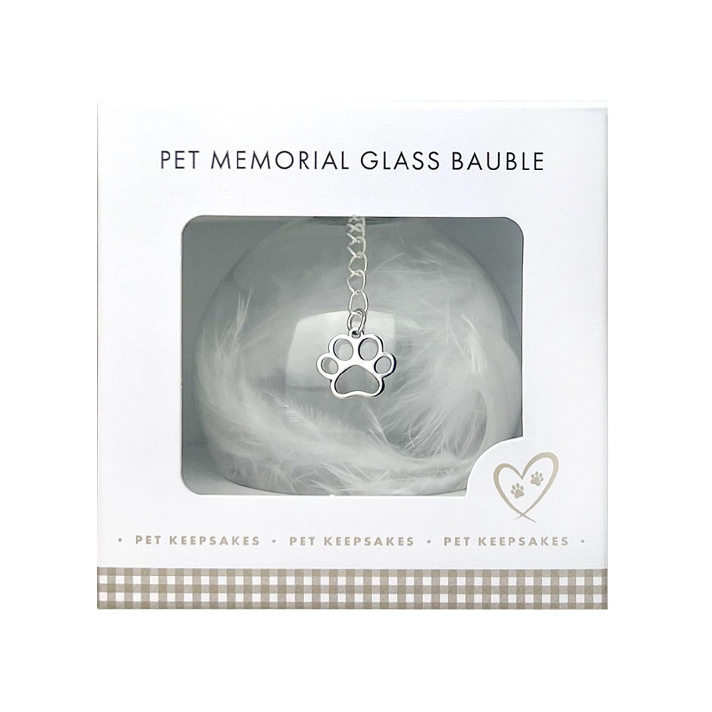 Personalised White Feather Filled Glass Pet Memorial Bauble With Paw Charm