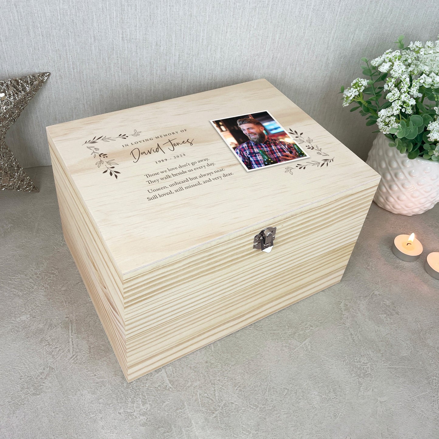 Personalised Pine Wooden One Photo Keepsake Memory Box - 5 Sizes