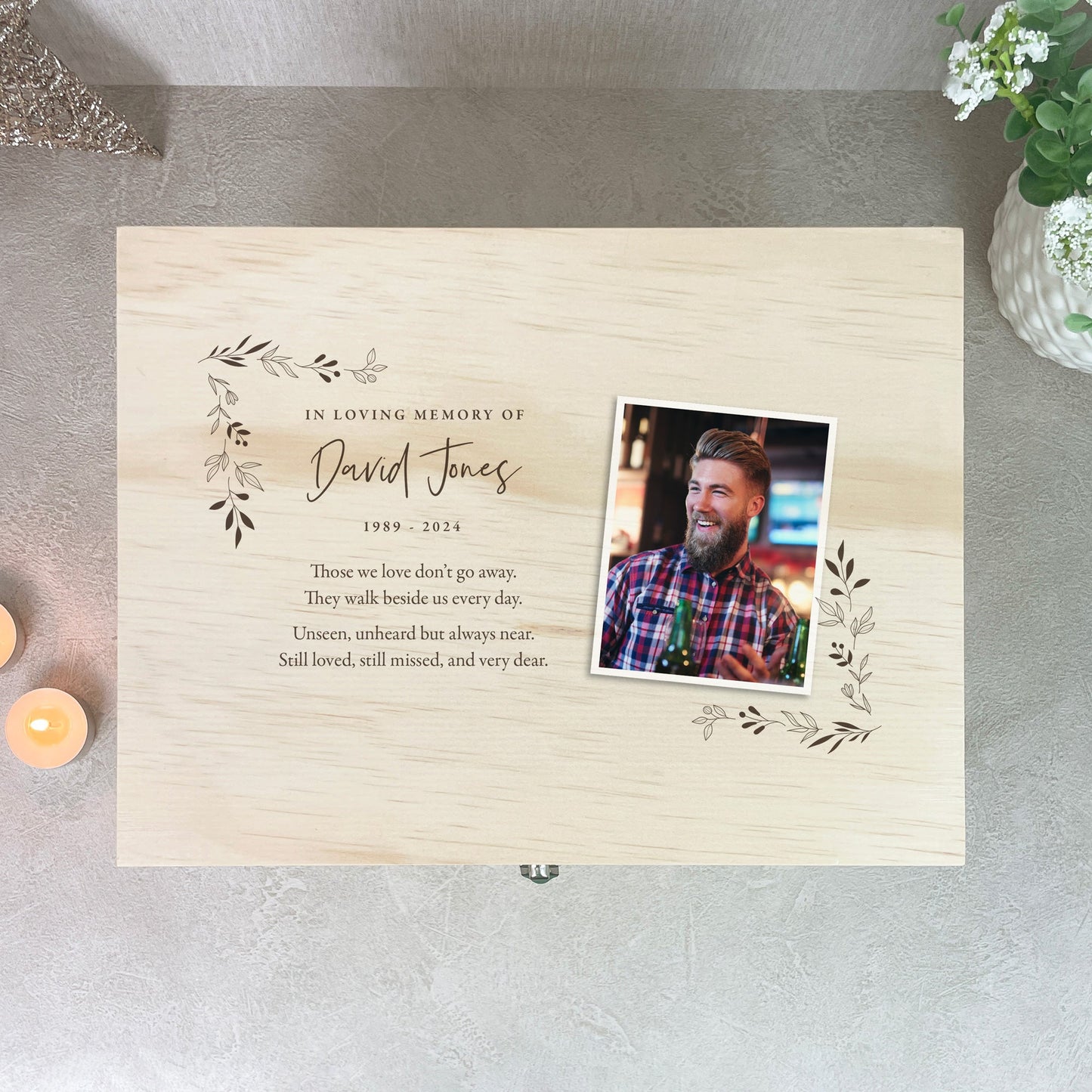 Personalised Pine Wooden One Photo Keepsake Memory Box - 5 Sizes