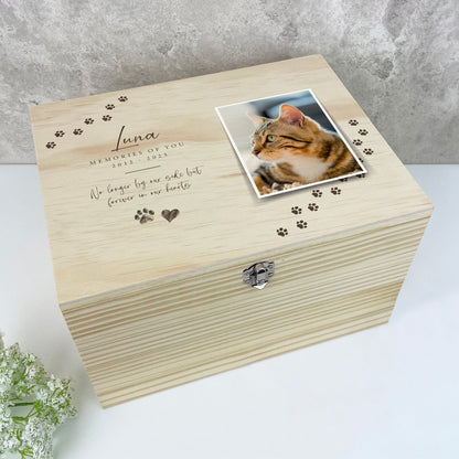 Personalised Paw Prints Pine Wooden Pet Memorial Photo Memory Box - 5 Sizes