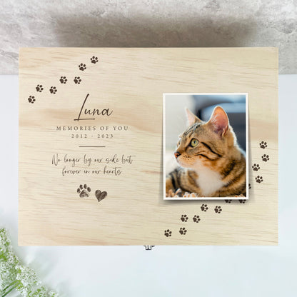 Personalised Paw Prints Pine Wooden Pet Memorial Photo Memory Box - 5 Sizes