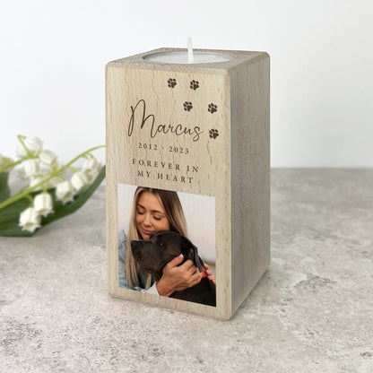 Personalised Solid Wooden Photo Pet Memorial Tea Light Holder - 2 Sizes