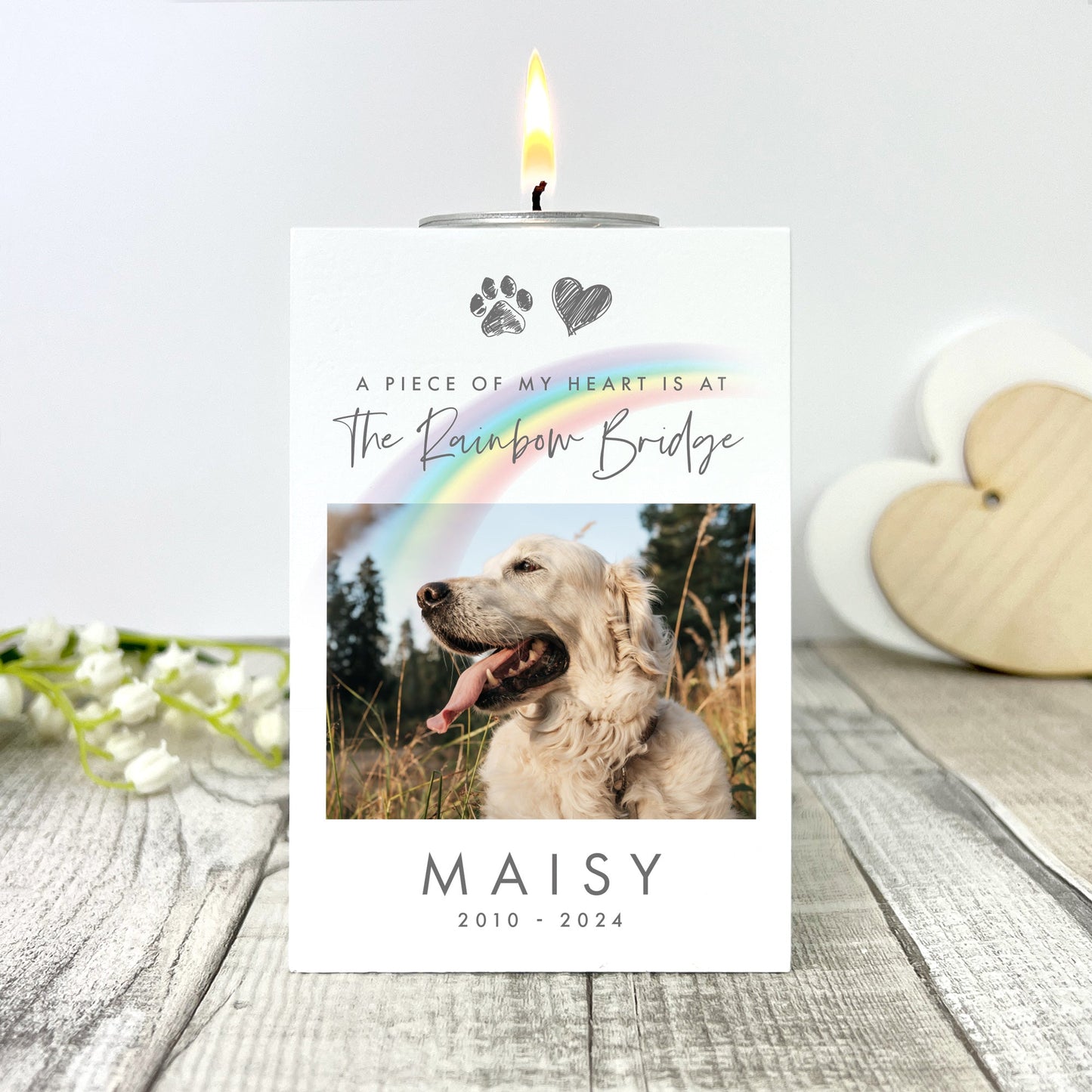 Personalised Pet Memorial Rainbow Bridge Photo White Tea Light Holder