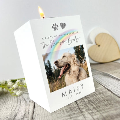 Personalised Pet Memorial Rainbow Bridge Photo White Tea Light Holder