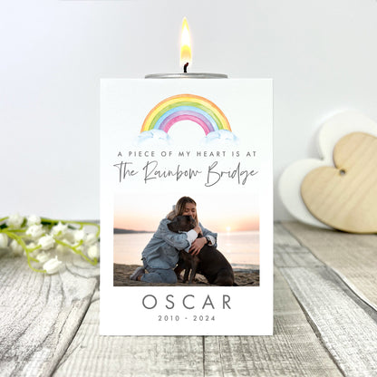 Personalised Watercolour Rainbow Pet Memorial Photo White Tea Light Holder