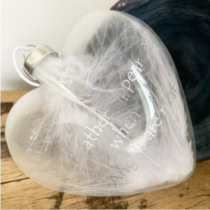 White Feather Filled Memorial Glass Heart Bauble 10cm