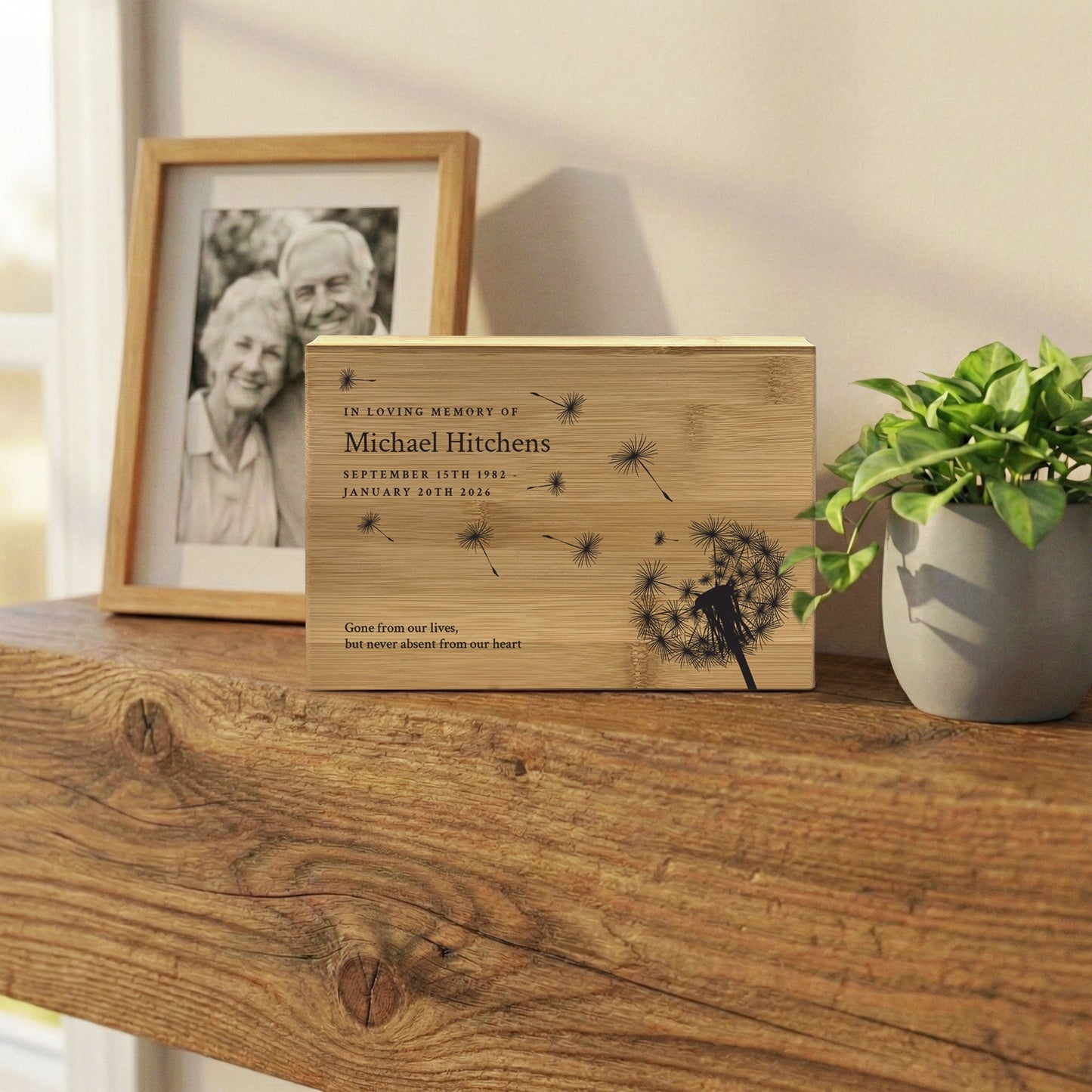 Personalised Bamboo Urn For Cremation Ashes - Dandelion Design