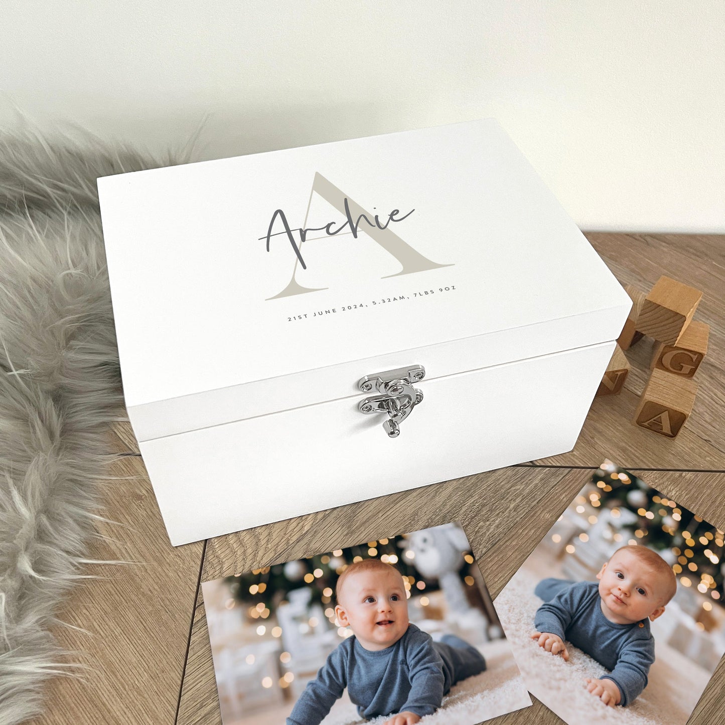 Personalised Name & Initial New Baby White Wooden Keepsake Memory Box - 3 Sizes (22cm | 27cm | 30cm)