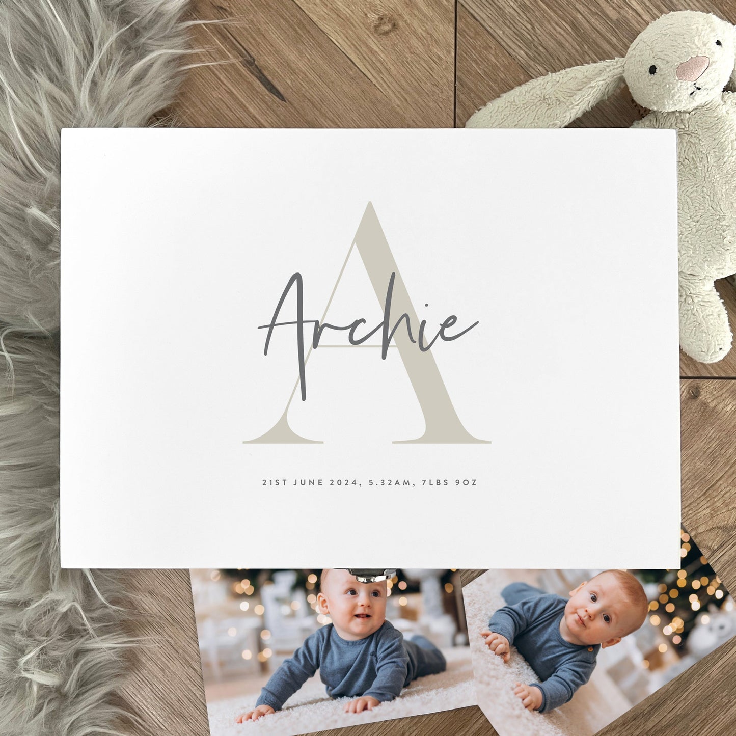 Personalised Name & Initial New Baby White Wooden Keepsake Memory Box - 3 Sizes (22cm | 27cm | 30cm)